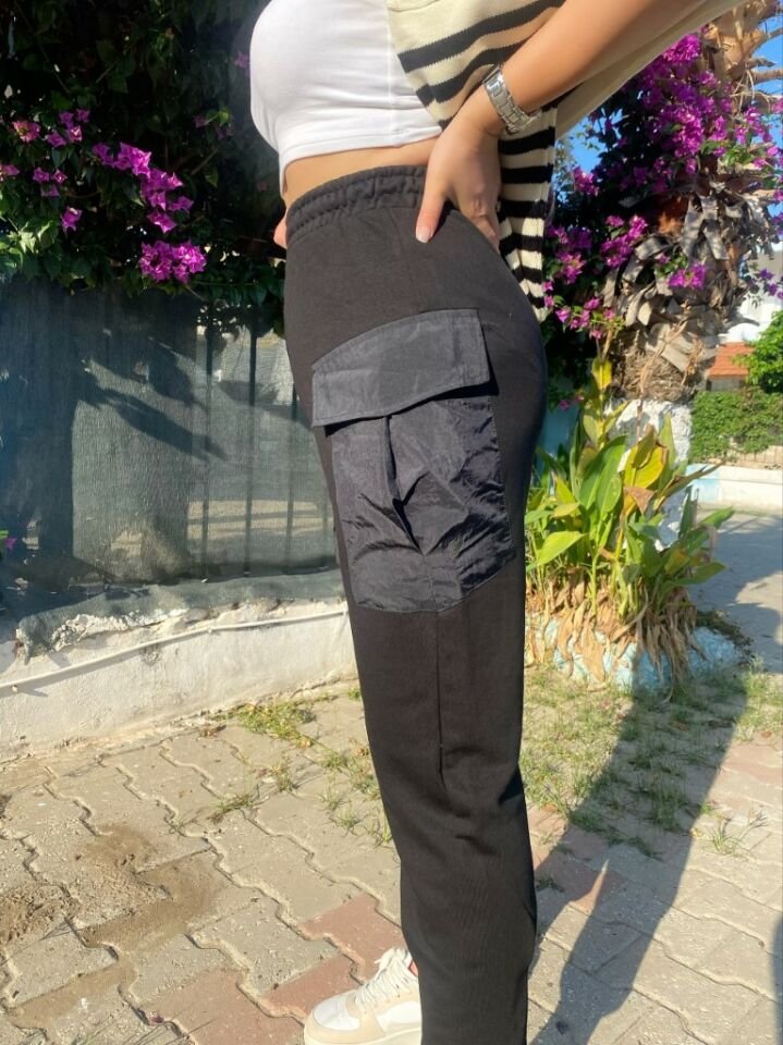 PARAŞÜT CEP DETAY SİYAH ŞALVAR PANTOLON